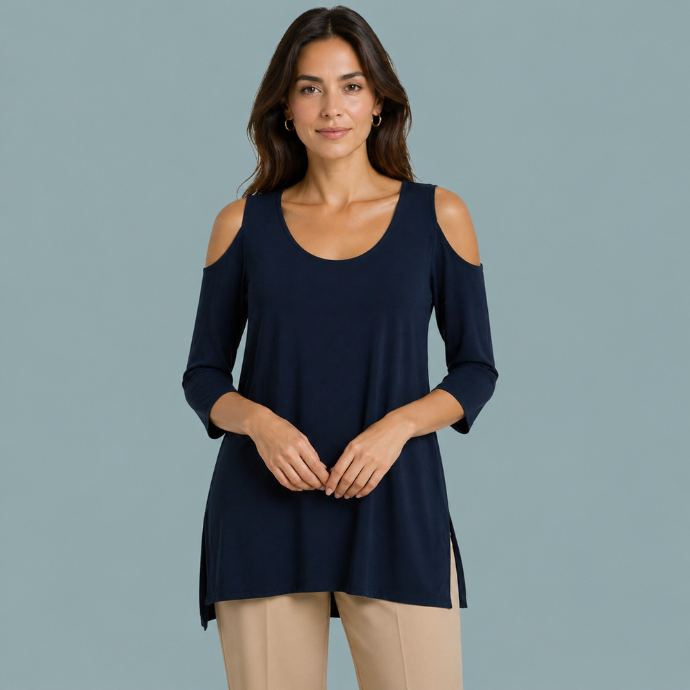Clara Sun Woo Size XS Navy Blue Scoop Cold Shoulder 3/4 Sleeve Knit Tunic Top